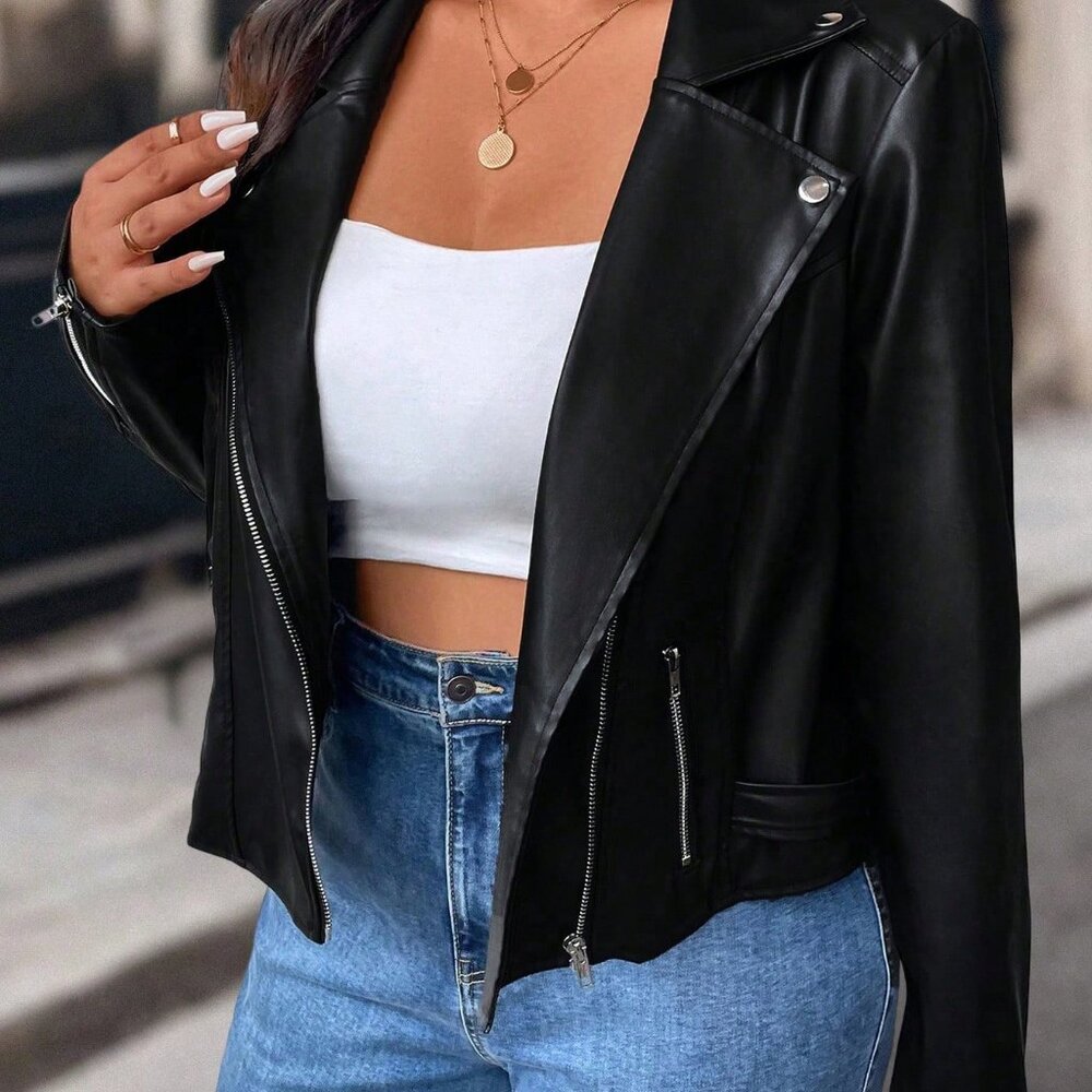 Black Casual Women's Zip Up Faux Leather Moto Jacket BIker - Picture 10 of 11